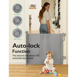 Momcozy Auto Lock Retractable Baby Gate, Safety Gate for Baby and Pet, 33” Tall, Extends to 55” Wide, Mesh Safety Dog Gate for Stairs, Indoor, Outdoor, Doorways, Hallways