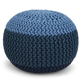 SIMPLIHOME Nikki Boho Round Hand Knit Pouf in Blue, Navy Blue Cotton for the Living Room, Bedroom and Kids Room