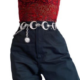 YGR Chain Belt for Women Girls Gold Silver Sun Moon Western Metal Waist Chain, Adjustable Women Long Belt Body Belly Jewelry for Dresses Jeans Trousers Silver Moon S