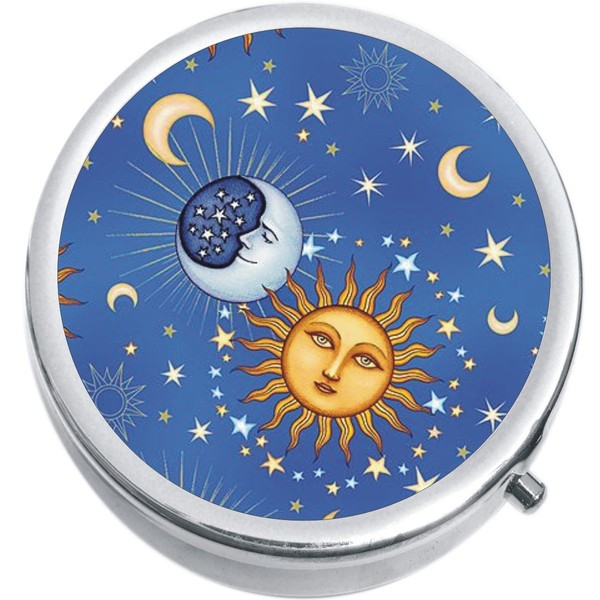 Celestial Moon and Stars Medicine Vitamin Pill Box - Portable Pillbox case fits in Purse or Pocket