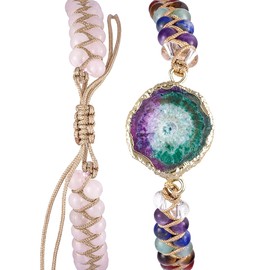 mookaitedecor Natural Healing Crystal 7 Chakra Braided Bracelet for Women, Geode Flower Rose Quartz Stone Beads Bracelet Boho Jewellery Gift Double Layer Bangle for Energy Healing Yoga Meditation