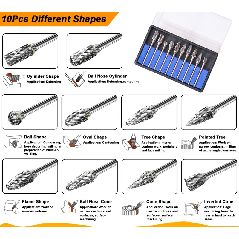 CAROTUPY Tungsten Carbide Burr Set 1/8" Shank，Die Grinder Bits with
