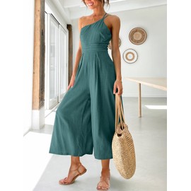 ANRABESS Women's Summer Straps One Shoulder Pleated High Waist Casual Wide Leg Jumpsuit Romper with Pockets 502qinglan-XL