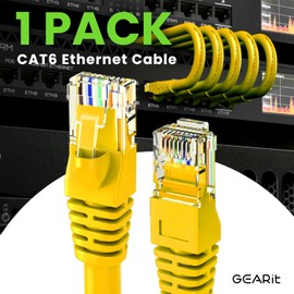 GearIT Cat 6 Ethernet Patch Cable (1 Foot, Yellow) Network Cable for TV, Modem, PC Gaming, 10Gbps, Gold-Plated Connectors, Snagless, Cat6, RJ45, Internet Cable, 1ft