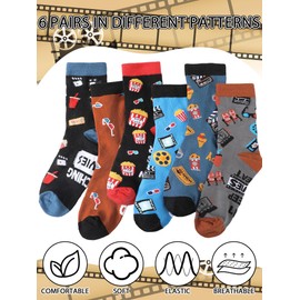 Eurzom 6 Pairs Funny Movie Socks for Men Novelty Film Cotton Theater Crew Socks Birthday Holiday Christmas Gifts for Movie Lovers Film Buff