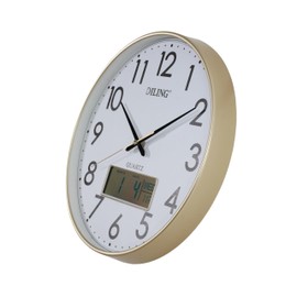 Round Wall Clock 13 Inch Silent Non-Ticking Battery Operated Analog with Digital Display for Month Date Day of The Week and Temperature Study Living Room Kitchen and Home Decor（Gold-LCD）