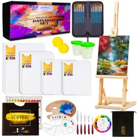 Premium Acrylic Art Paint Set | 62-Piece Professional Artist Painting Supplies Kit w/Wooden Tabletop Easel, Paints, Brushes, Knives, Palettes, Canvases & More, for Adults, Kids, Hobbyists & Beginners