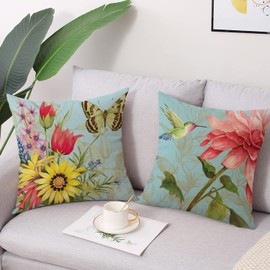 wyooxoo Spring Summer Pillow Covers 16x16 Set of 4 Decorative Throw Pillow Covers Linen Flower Butterfly Farmhouse Pillowcases for Sofa Couch Living Room Outdoor