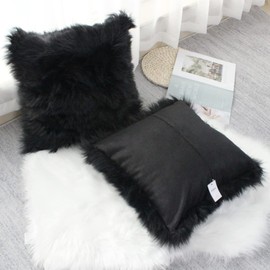 OYIMUA Black 18 x 18 Inches Cushion Covers Pack of 2 Fluffy Soft Faux Fur Square Pillowcases, Luxury Home Decorative Super Soft Plush Pillow Covers Case 45cm x 45cm for Sofa Bed Living Room