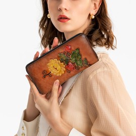 AEGGEAI Leather Floral Wristlet Wallet for Women, Zipper, Handmade, Brown, Retro Style