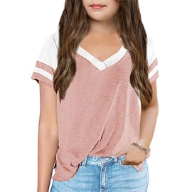 Kids Tops V Neck Short Sleeve Summer Tshirts Girls Color Block Side Split Loose Athletic Tees Pink