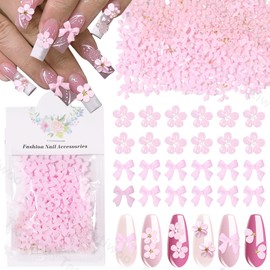 300 Pcs 3D Flower Nail Charms, Pink Flowers for Nails Bows Bowknots Nail Charm and Gems, Petal Flower Bow Tie Charms for Acrylic Nails Art DIY Designs Accessories