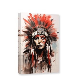 ZHOUWALLPIC American Feathered Woman Canvas Wall Art，Native Indiana Headdress Paintings，Abstract Chief Tribal Picture Prints Bedroom Decor(Native American04 12 * 18inch)