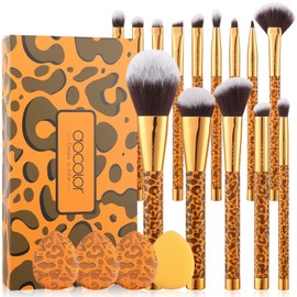 Docolor Makeup Brushes Leopard 14pcs Premium Synthetic Foundation Powder Concealers Eye shadows Blush Makeup Brush Set with 4pcs Makeup Puffs