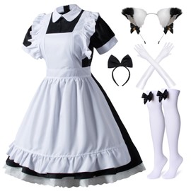 Wannsee Japanese Anime 6Pcs Lolita French Maid Apron Fancy Dress Cosplay Costume Gloves Headwear Socks set(Black M)