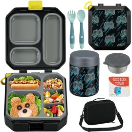 Itslife Bento Lunch Box Set for Kids with 12oz Soup Thermo&Lunch Bag, Leak-Proof Lunch Food Containers for Kids School, 5 Compartment, Sauce Cup, 10 Notes (Gaming Black)