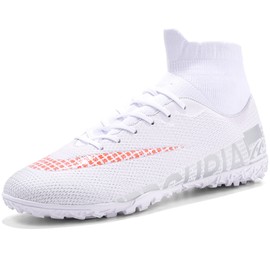Men's Soccer Cleats Football Shoes with Short Non-Slip Spikes High-Tops Lace-Up Rubber Outsoles Fg/Ag Lacrosse Futsal Cleat White US 11 EU 45