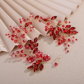 Teyglen Red Crystal Rhinestone Wedding Headband Bridal Crystal Hair Piece Sparkly Crystal Bride Wedding Hair Vine Hair Accessories for Women Wedding Party Prom Jewelry(Red)