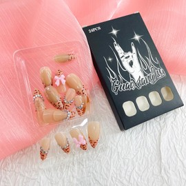 Almond Press on Nails Medium Fake Nails with Designs Bow Glue on Nails French False Nails Leopard Acrylic Nails Rhinestone Artificial Nails Full Cover Stick on Nails for Coquette Women