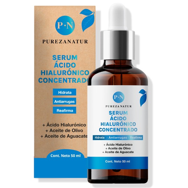 PUREZA NATUR Serum Acido Hialurónico facial Hidratante + Aceite de aguacate y Olivo para la cara skin care | Suero anti aging, para ojeras y arrugas 50ml (Serum AH concentrado)