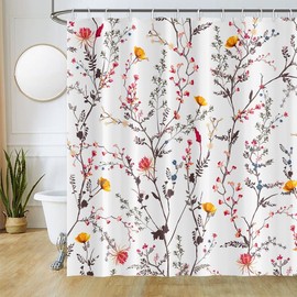Uiiooazy Shower Curtain Flowers Pink Shower Curtain Flowers Vintage Plants Shower Curtain Anti Mould Waterproof Polyester Fabric Opaque Washable Bathroom Curtain with 12 Hooks for Bathroom 180 W x 180