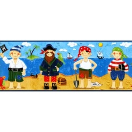 Concord Wallcoverings Wallpaper Border Kids Pattern Painted Pirates Kids Sea Sand for Kid's Bedroom Playroom, Blue Brown White Green Red, 15 Feet by 9 Inches BG1730BD