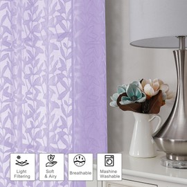Chyhomenyc Light Purple Sheer Kitchen Curtains 36 Inch Length Tier Curtains, Light Filtering Leaf Tufted Textured Cafe Curtains Short Small Window Curtains for Bathroom Basement, 42" Wx36 L, 2 Pieces