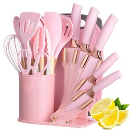 19 Pieces Kitchen Cooking Utensils and Knife Set with Holder Block, Include 11 Pcs Silicone Cooking Utensils 5 Pcs Sharp Stainless Steel Knives Scissors Whisk Tongs and Cutting Board (PINK)