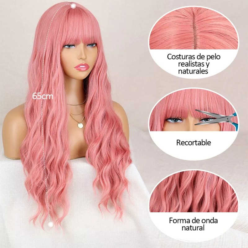 generic - Peluca Larga Rosa Ondulada Para Mujeres Lace Front