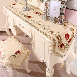LeLehome 15 Inch X 58 Inch Classic Beige Table Runner, Rose Flowers Embroidered Lace Dresser Table Top Home Dining Room Kitchen Wedding Decoration - Rufous Flower