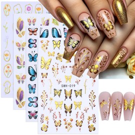 Golden Butterfly Nail Art Stickers 3D Self-Adhesive Gold Nail Decals Colorful Flower Nail Stickers for Nail Art Floral Bee Designs Purple Blue Nail Supplies for Women DIY Manicure Accessories 4 Sheets