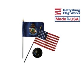 4x6 E-Gloss Maine Stick Flag w/U.S. Stick Flag & 2 Flag Plastic Table Base - Qty 6