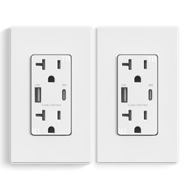 ELEGRP 30W USB Outlet Type A/C, Fast Charge Wall Outlet with 2 USB Ports, Power Delivery 20 Amp Wall Outlet with Tamper Resistant, UL Listed, Wall Plate Included, 2 Pack, Matte White