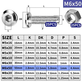 TXXATX Screws M6 x 50 Flat Head Screws 25 Sets Allen Screws and Nuts Set Stainless Steel Screws M6 Full Thread Screws with Nuts Pan Head Screws for DIY Projects Furniture Repair
