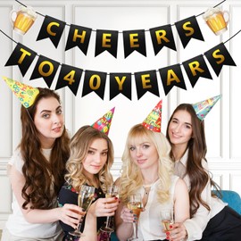 Cheers to 40 Years Banner - Black and Gold 40th Birthday Party Decorations for Men Women, Wedding Anniversary Backdrop Supplies, Happy 40 Year Old Birthday Hanging Banner Pre-Strung