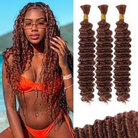 Brown Human Braiding Hair Deep Water Wave Bulk 100g 14 Inch Color 30 Curly for Boho Braids Extensions No Weft 3 Braids Per Pack Wet and Wavy