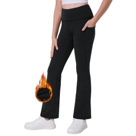 Desol Girls Fleece Lined Flare Leggings with Pockets High Waisted Yoga Pants Winter Bell Bottom Thermal-Black