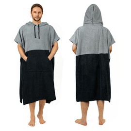 Zingtto Surf Poncho, Extra Large, Thick Towel Poncho for Men and Women with Hood Pocket for Swimming on the Beach, 47 x 37 inches, Black Grey