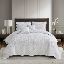 CHIXIN Botanical Oversized Bedspread King Size - Leaves Pattern Stitching Quilt Set - Elegant & Fresh Style Bedding Coverlets, Reversible, Lightweight, 5 Piece, White