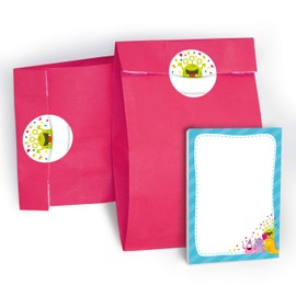 JuNa-Experten 24 Notepads + 24 Gift Bags / Pink + 24 Stickers Funny Monster Party Bag Guest Gift for Birthday Children's Birthday Wedding Christening Girls