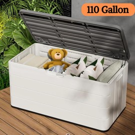 ZZM 110 Gallon Medium Deck Box,Patio Resin Storage Bench, Outdoor Plastic Storage Box With Support rod,Handle,Lockable lid