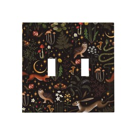 Retro Mushroom Owl Snails Animals Double Toggle Light Switch Cover Decorative Vintage Black Background 2 Gang Wall Plate Electrical Faceplate for Bathroom Home Living Room Decor 5 x 4.9 In