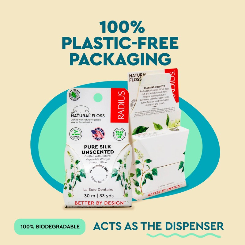 RADIUS Dental Floss, Natural Floss, Unscented Silk, 33 Yards, Compostable