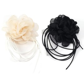 Rofusn 2PCS Flower Choker for Women, Big Flower Black White Camellia Flower Lace Choker Collar Necklace Summer Wedding Party Jewerly Hair Rope