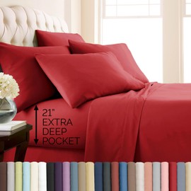 Southshore Fine Living, Inc. 4-Piece Microfiber Sheets Twin Size Bed Set, 21-Inch Deep Pocket Twin Sheet Set, Extra Deep Pocket Fitted Sheet, Red Pillow Cases Standard Size, Red Sheets, Chili Pepper