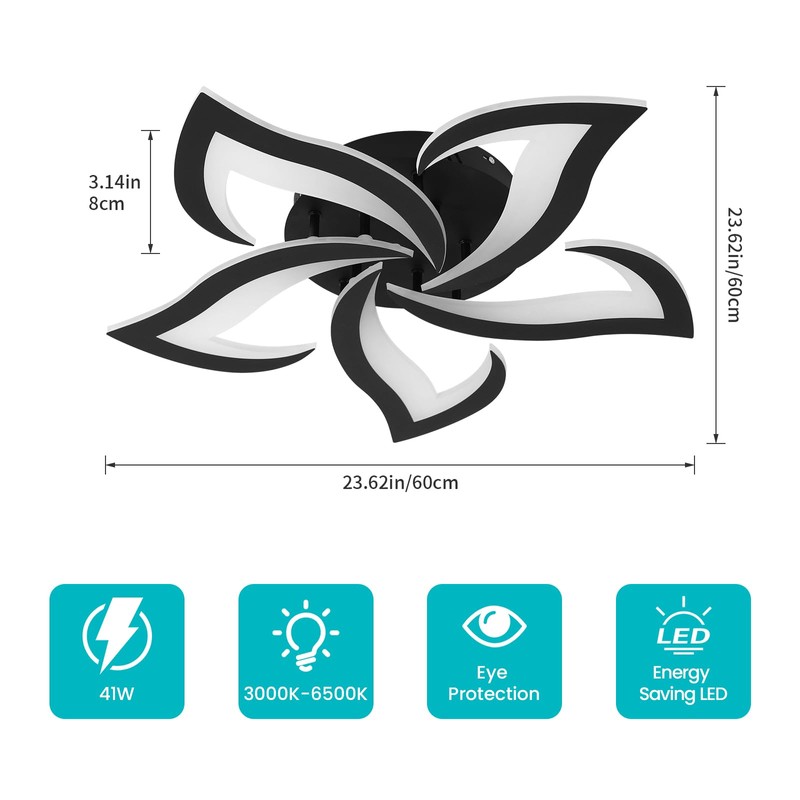 Goeco Modern Ceiling Light, Dimmable Black 5-Petals Flower Flush Mount