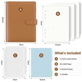 SKYDYE A5 Ring Binder, A5 Ring Binder Notebook, 135 Sheets A5 Refill Paper, A5 Binder with Binder Pockets and Dividers, Binder Notebook for School Notes and Travel Diaries(Brown)