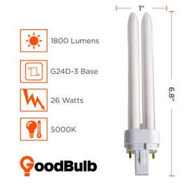 26 Watt CFL Light Bulbs | 2 Pin G24D-3 Base 5000K Daylight | 26W High Output 1800 Lumens | Double Tube Compact Fluorescent Light Bulbs Plug-in | 10 Pack by GoodBulb