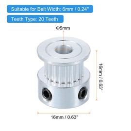 sourcing map 10 Pcs Aluminum 20 Teeth 5mm Bore 6mm Width Timing Belt Pulley Wheel Idler Pulley Synchronous Wheels Gear Part for 3D Printer, Silver