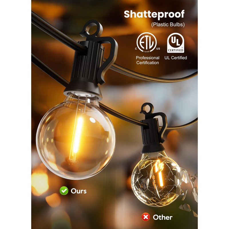Brightown Outdoor String Lights, 50FT 25 G40 Bulbs Shatterproof Patio